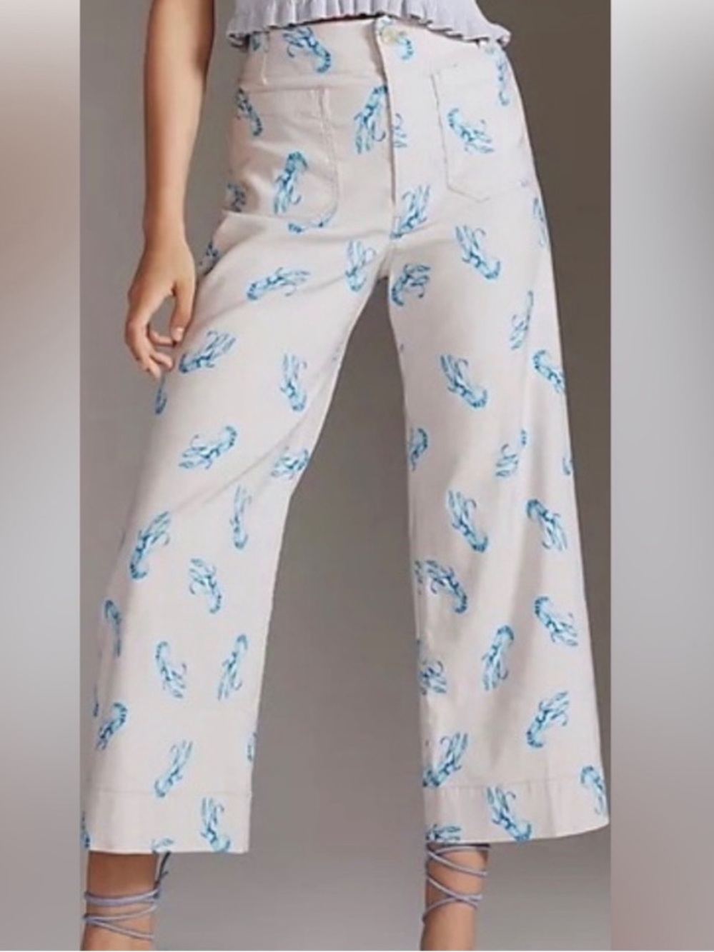 Anthropologie Maeve Colette Wide Leg Crop Pants Rabbit Print Blue Bunnies Sz 23 - Picture 7 of 8